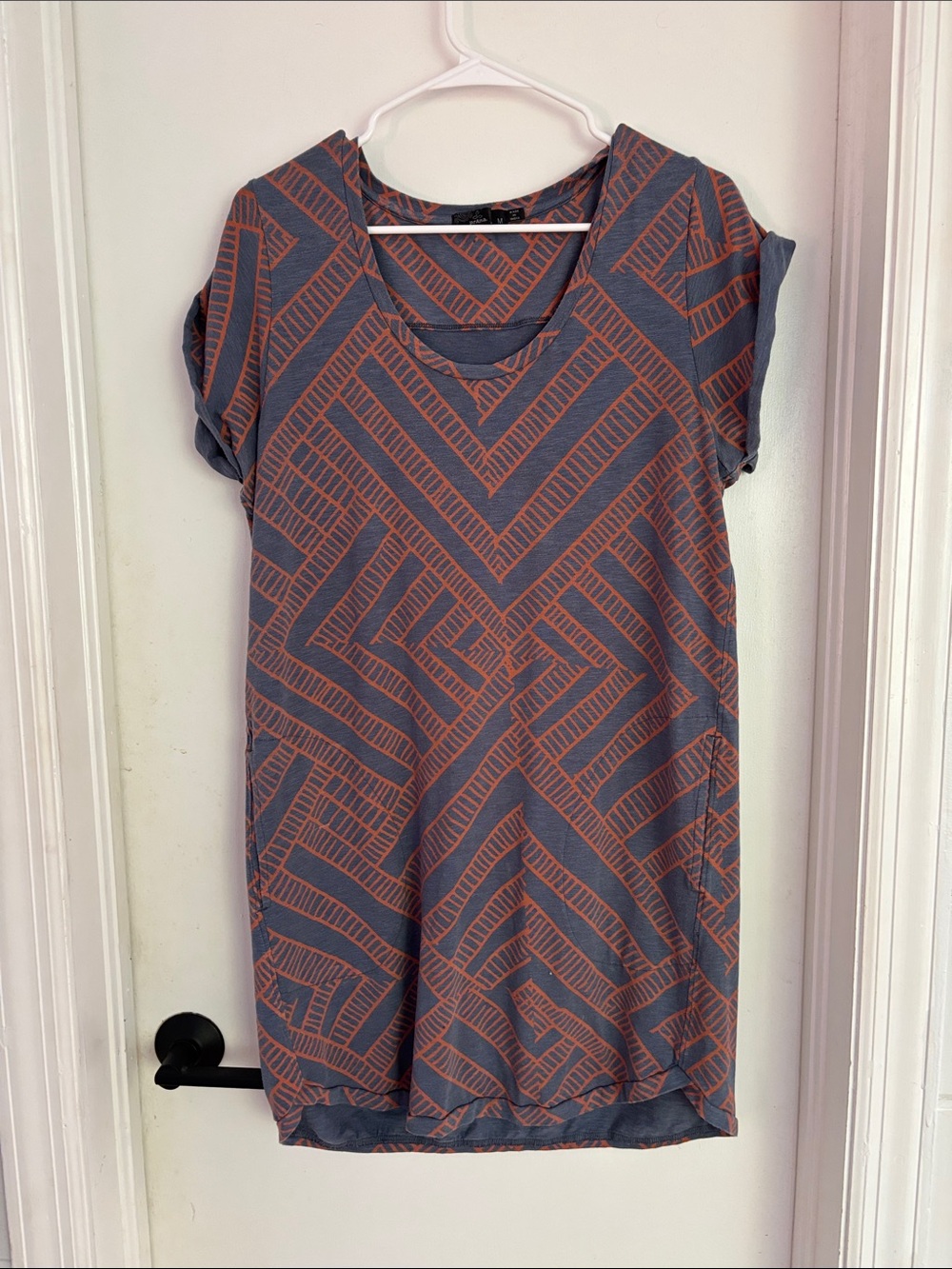 Prana Denim Blue Tunic Dress with Orange Geometric Print